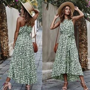 Summer Polka-Dot Long Dress Beach Strapless Casual White Midi Vacation green